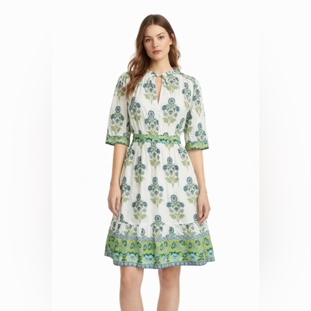 LEA Anthropologie Ivory Floral Tie-Neck Cotton Cottagecore Prairie Dress Medium